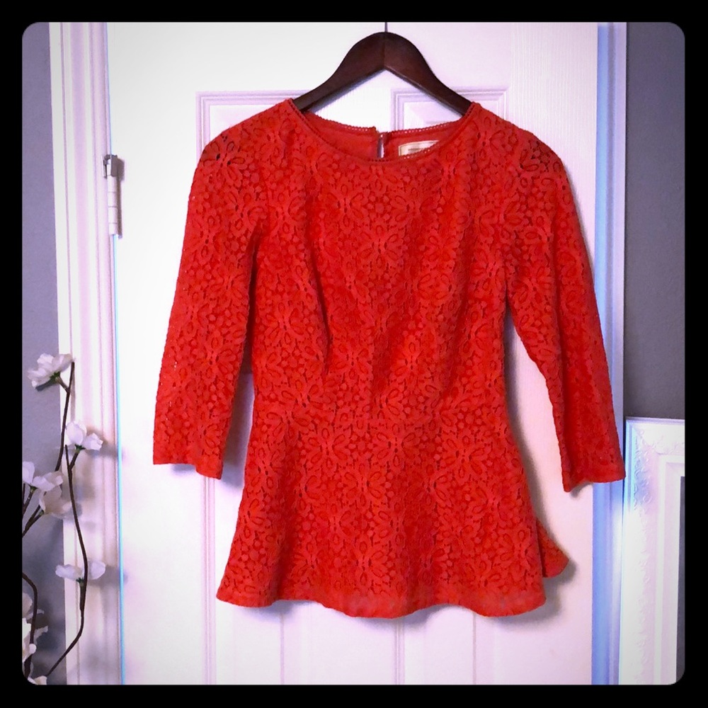 Anthropologie Lace peplum 3 quarter sleeve top